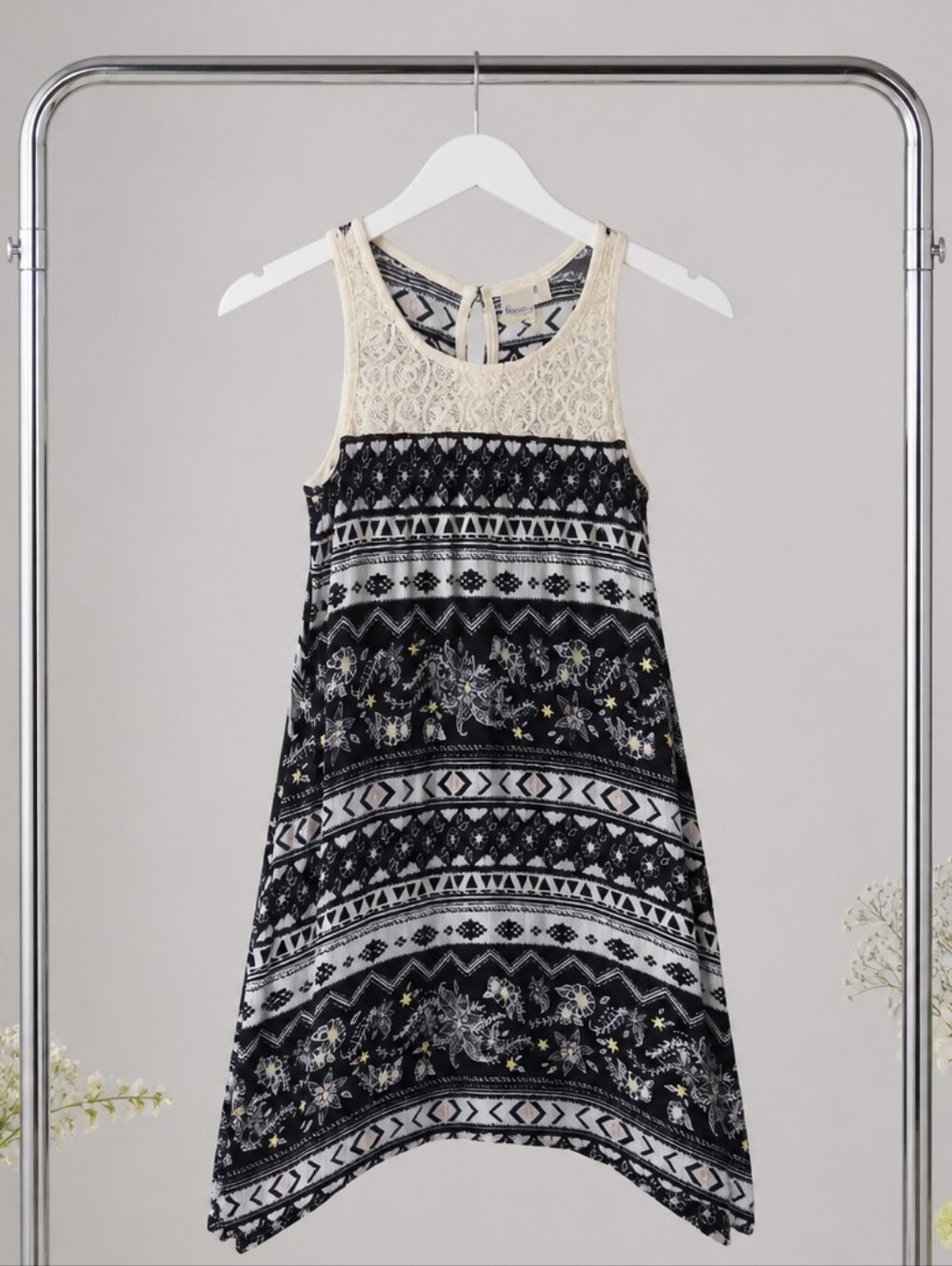 Mudd Black & Cream Lace Yoke Patterned Kids Tank Dress